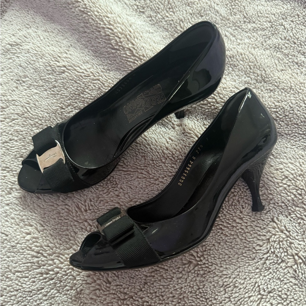 Salvatore Ferragamo Black Patent Peep-Toe Pumps with Grosgrain Bow